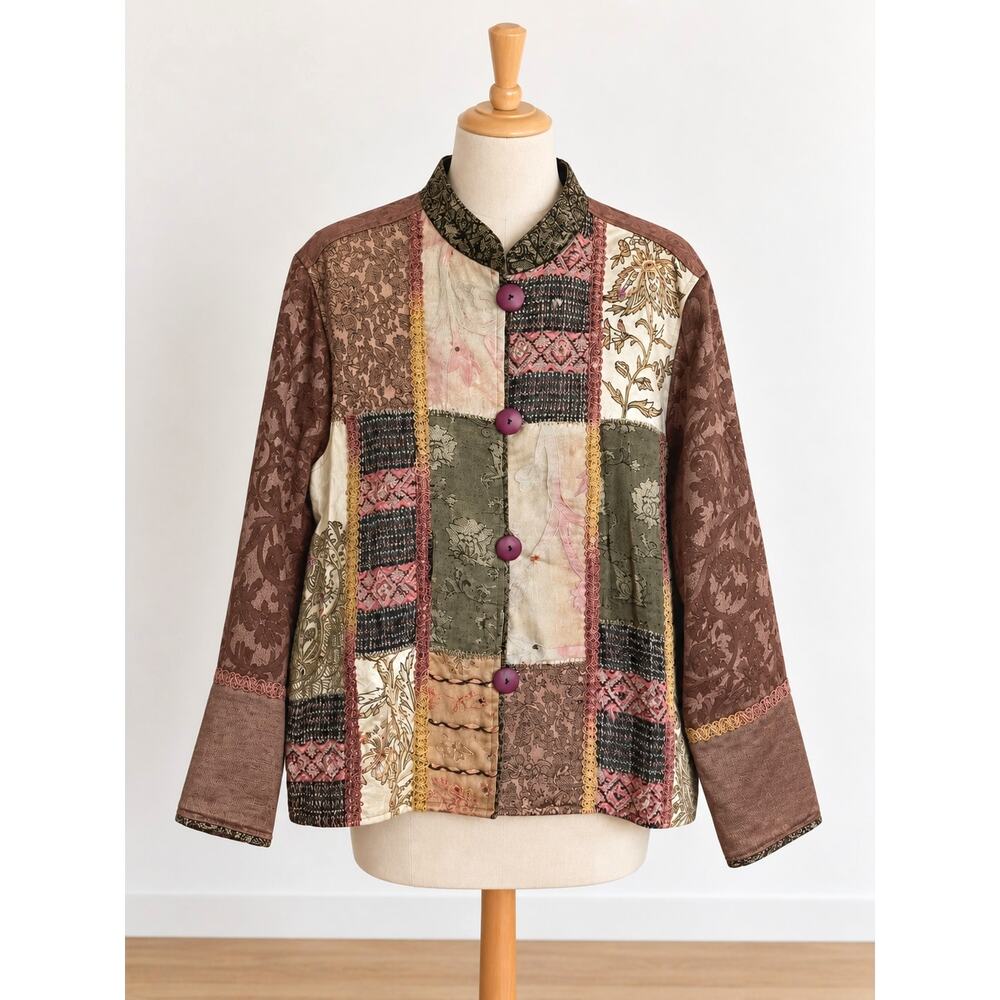 Retro Patchwork Jacket Large Art to Wear Boho Brocade Floral Mauve Brown Vintage